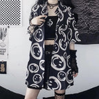 Black Smiley Happy Face Cartoon Print Button Down Oversize Short Sleeve Shirt Goth Aesthetic Casual Summer E-Girl Kawaii Korean Japanese Harajuku