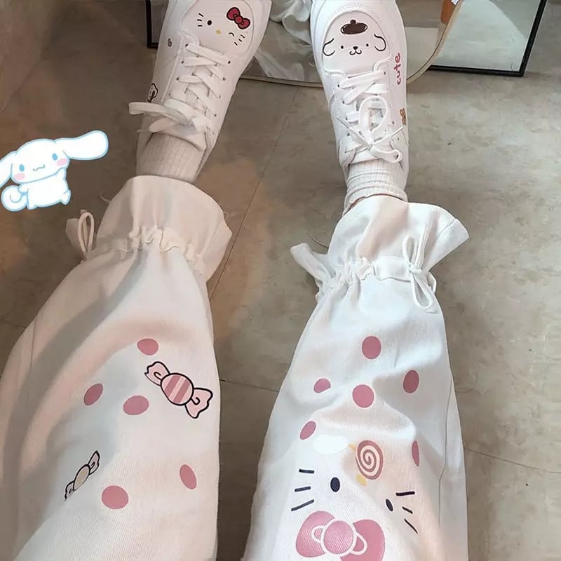 Cute White Kitty Cat Cartoon Print High Waisted Straight Pants Trousers Aesthetic Casual Summer E-Girl Kawaii Korean Japanese Harajuku