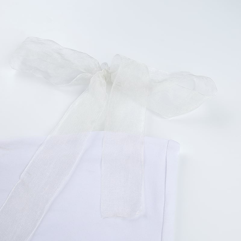 Cute White Patchwork Mesh Transparent Straps Tie Up Tank Top Crop Shirt Tee T-shirt E-Girl Kawaii Korean Japanese Harajuku Retro Streetwear Aesthetic