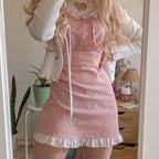 Pink Ruffles Short Sleeve Lace Patchwork Dress Summer Aesthetic Casual E-Girl Kawaii Korean Japanese Harajuku