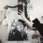 Cute White Anime Girl Graphic Print Loose Short Sleeve Shirt Goth Punk Aesthetic Casual E-Girl Kawaii Korean Japanese Harajuku