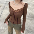 Brown Lace Trim V Neck Flare Long Sleeve Top