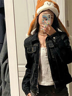 Black Denim Turn Down Collar Jacket