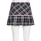 Pink Plaid Stripe Pleated High Waist Mini Skirt