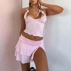 2PCS Pink V Neck Tank Top + Ruched Double Layer Skirt