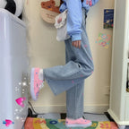 Pink Heart Embroidery Denim Jeans