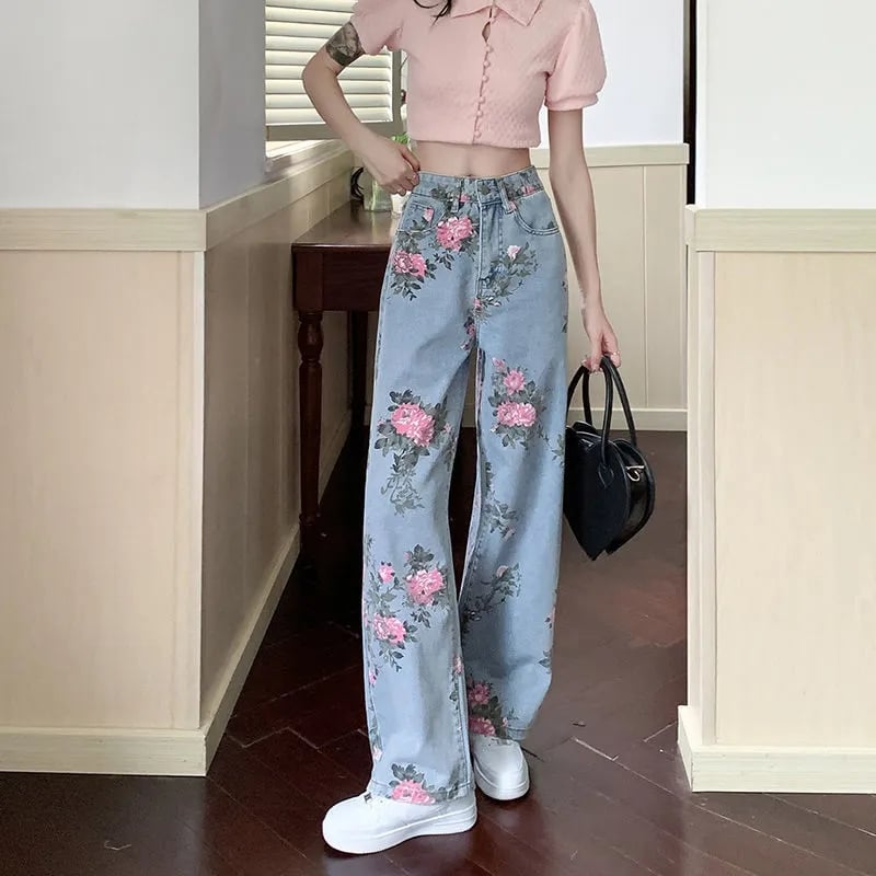 Flower Print Blue Denim Jeans
