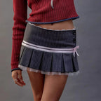 Pink Bow Stripe Fold Lace Up High Waist Skirt