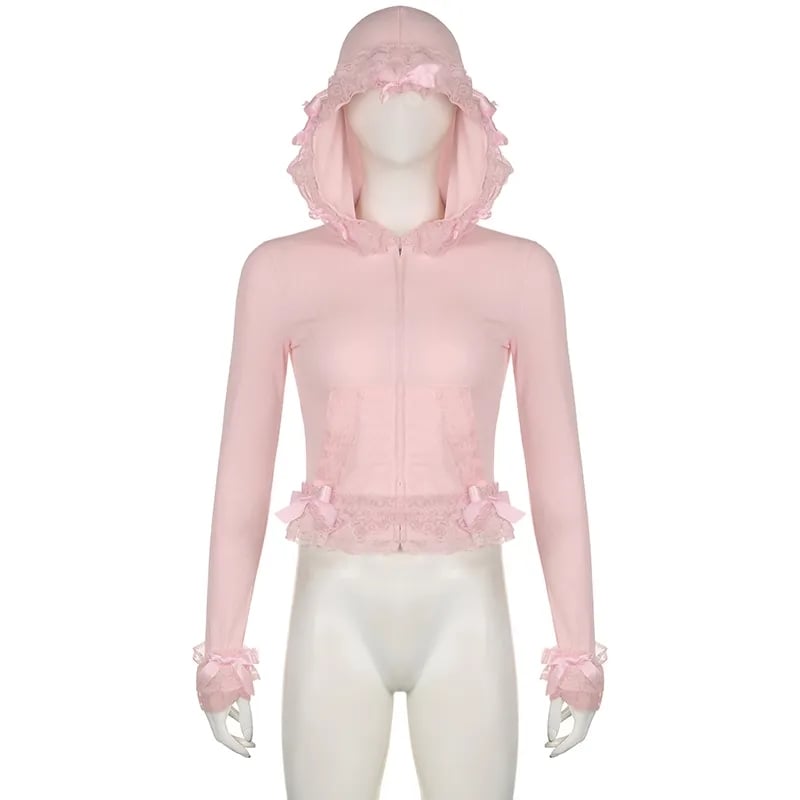Pink Lace Ruffle Hem Cropped Zipper Hoodie