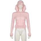 Pink Lace Ruffle Hem Cropped Zipper Hoodie
