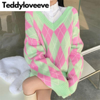 Green & Pink Lattice V Neck Sweater