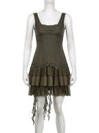 Green Ruffle Irregular Lace Dress