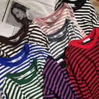 Cute Casual Stripe Round Neck Long Sleeve Tee Shirt T-shirt Top Plus Oversized Baggy E-Girl Kawaii Korean Japanese Harajuku Retro Streetwear