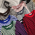 Cute Casual Stripe Round Neck Long Sleeve Tee Shirt T-shirt Top Plus Oversized Baggy E-Girl Kawaii Korean Japanese Harajuku Retro Streetwear