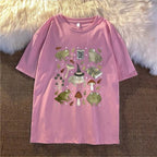 Cute Frog Magic Mushroom Witchcraft Print Short Sleeve T- Shirt Top Aesthetic Casual Summer E-Girl Kawaii Korean Japanese Harajuku