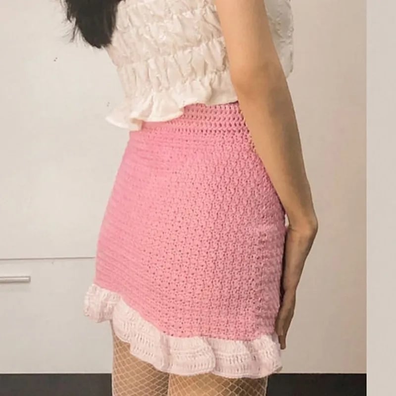 Black & Pink Knit Bow Splice Mini Skirt