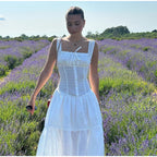 White Pleated Lace Up Square Collar Ruffle Maxi Dress