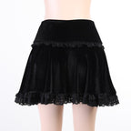 Cute Sexy Goth Black Cross Skirt Vintage Lace Trim A-Line Grunge Punk High Waist Ruffle Summer E-Girl Kawaii Korean Japanese Harajuku Streetwear