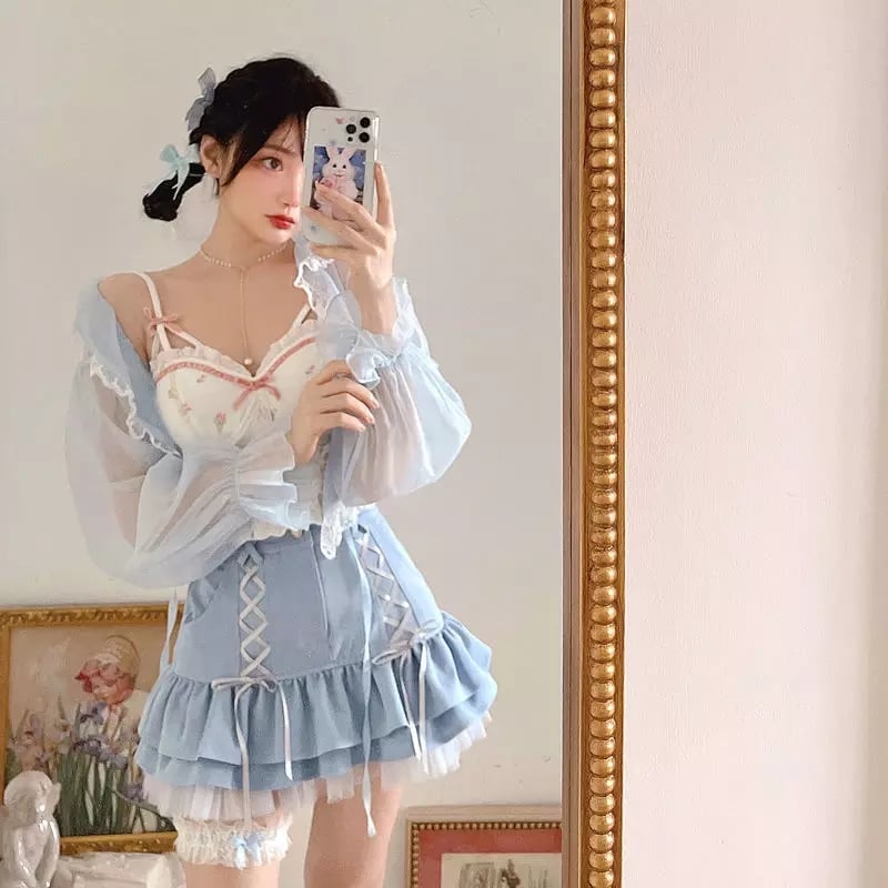 Cute Sexy Blue Lace Ribbon Bow High Waisted Mini Skirt Aesthetic Summer E-Girl Kawaii Korean Japanese Harajuku