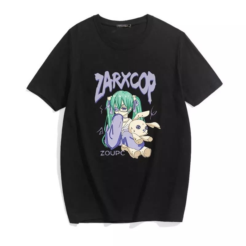 Black Anime Girl Cartoon Print Vintage Oversize Loose Short Sleeve Shirt T-shirt Tee Top Goth Punk E-Girl Kawaii Korean Japanese Harajuku Streetwear