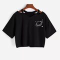 Black Planet Star Print Casual Summer Crop Top Short Sleeve Tee Shirt T-shirt Top E-Girl Kawaii Korean Japanese Harajuku Streetwear