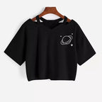 Black Planet Star Print Casual Summer Crop Top Short Sleeve Tee Shirt T-shirt Top E-Girl Kawaii Korean Japanese Harajuku Streetwear