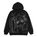 Cute Black Goth Anime Hoodie Grunge Loose Long Sleeve Shirt Aesthetic Casual E-Girl Kawaii Korean Japanese Harajuku