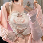Cute Pink Lace Heart Frill Bustier Tank Crop Top Corset Summer Aesthetic Casual E-Girl Kawaii Korean Japanese Harajuku