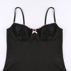 Cute Sexy Black Lace Bow Patchwork Retro Mini Dress Party Club Summer Aesthetic Casual E-Girl Kawaii Korean Japanese Harajuku