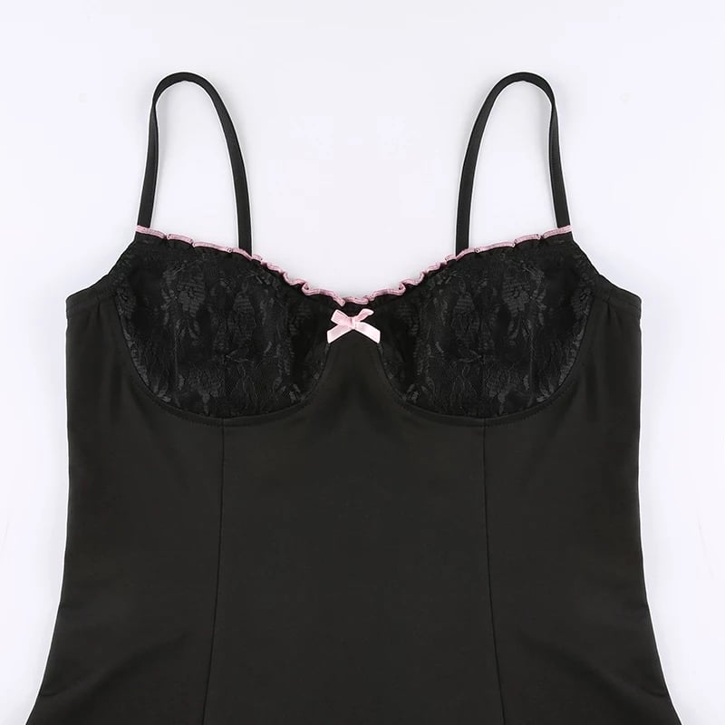 Cute Sexy Black Lace Bow Patchwork Retro Mini Dress Party Club Summer Aesthetic Casual E-Girl Kawaii Korean Japanese Harajuku