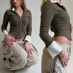 Polo Neck Low Cut Ruched Long Sleeve Crop Top