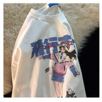 Cute White Graffiti Anime Girl Cat Cartoon Print Oversized Short Sleeve Shirt Punk Aesthetic Casual E-Girl Kawaii Korean Japanese Harajuku
