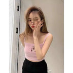 Bear Embroidery Knit Crop Top Spaghetti Strap Tank Sleeveless Shirt Summer Aesthetic Casual E-Girl Kawaii Korean Japanese Harajuku