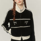 Grey Bow Embroidery Zipper Jacket