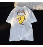 Fluffy Cat Banana Short Sleeve T-shirt