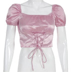 Cute Vintage Pink Silky Satin Short Sleeve Shirt Crop Top Lace Up Elegant Aesthetic Casual Summer E-Girl Kawaii Korean Japanese Harajuku