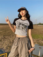 Cat Print Crop Short Sleeve T-shirt