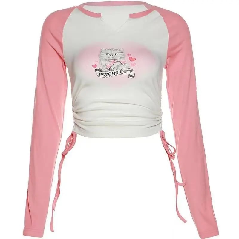 Sweet Pink Cat Print Long Sleeve T-shirt