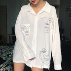Cute Face Asymmetrical White Long Sleeve Shirt Tee T-shirt Top Blouse E-Girl Kawaii Korean Japanese Harajuku Retro Streetwear Aesthetic