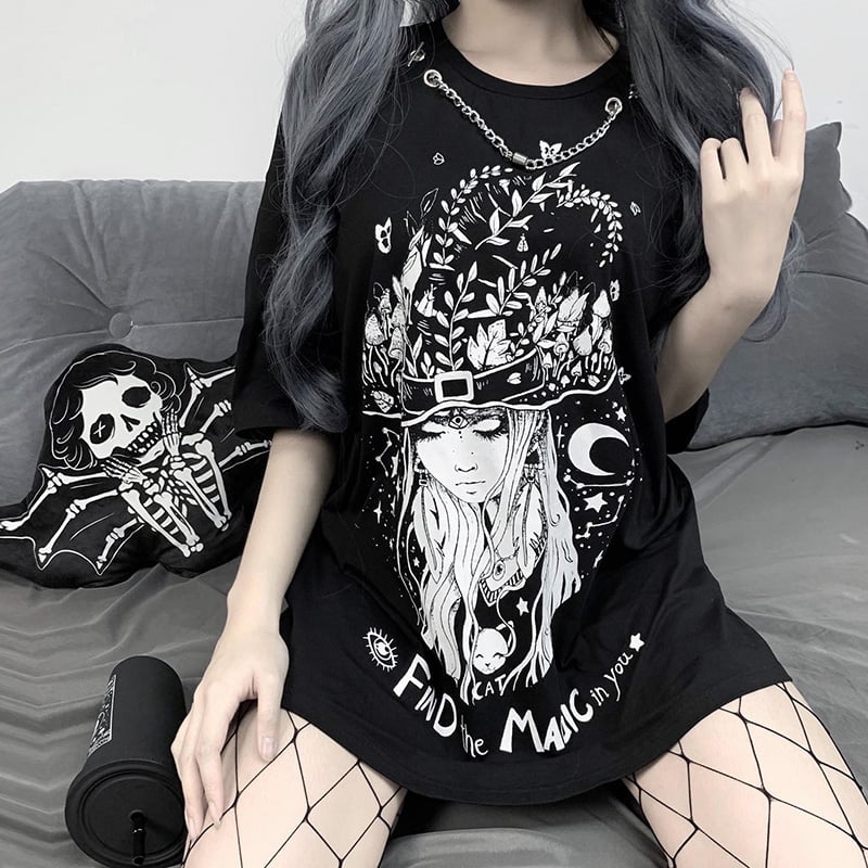 Black Goth Vintage Magic Witch Print Loose Oversized Short Sleeve Short T-shirt Top Causal Punk E-Girl Kawaii Korean Japanese Harajuku Streetwear