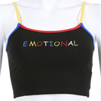 Cute Black Emotional Embroidery Crop Top Camisole Spaghetti Tank Shirt Tee T-shirt E-Girl Kawaii Korean Japanese Harajuku Retro Streetwear Aesthetic