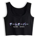 Cute Black Kanji Game Over Vaporwave Crop Top Tank Sleeveless Shirt Aesthetic Casual E-Girl Kawaii Korean Japanese Harajuku