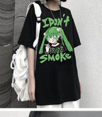 Anime Girl Smoke Cartoon Print Loose Oversized Short Sleeve T-shirt Top Summer Causal Goth Punk E-Girl Kawaii Korean Japanese Harajuku Streetwear