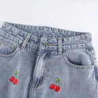 Cute Sweet Vintage Cherry Embroidery Light Washed Blue Denim Jeans High Waisted Cargo Slim Bottom E-Girl Kawaii Korean Japanese Harajuku Streetwear