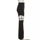 Cute Sexy Black High Waist Flare Trousers Cut Out Hollow Pants Summer Aesthetic Casual E-Girl Kawaii Korean Japanese Harajuku