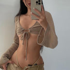 Brown Ruched Bandage Flare Crop Top