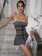 Lace Tie Up Strapless Mini Dress
