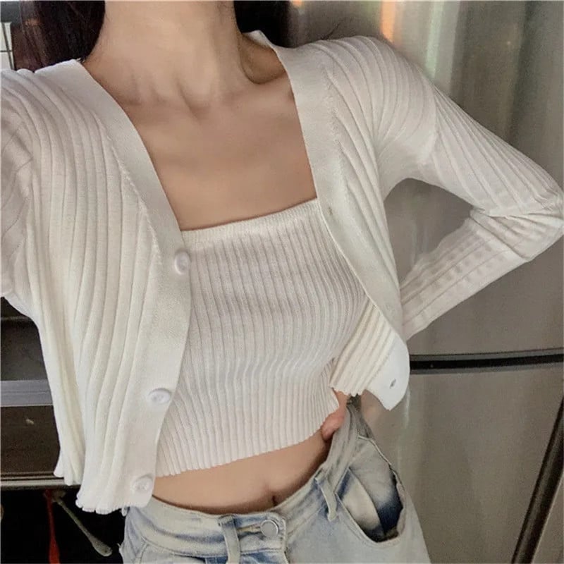 2PCS Tube Top + Ribbed Knit Cardigan