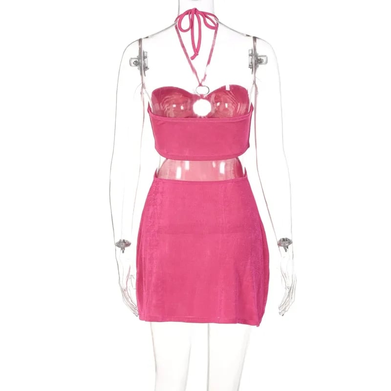 Pink Cut Out Halter Backless Dress