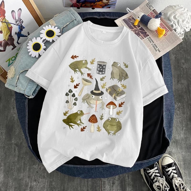 Cute Frog Magic Mushroom Witchcraft Print Short Sleeve T- Shirt Top Aesthetic Casual Summer E-Girl Kawaii Korean Japanese Harajuku